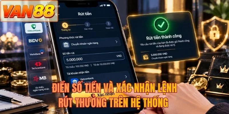 Điền số tiền và xác nhận lệnh rút thưởng trên hệ thống